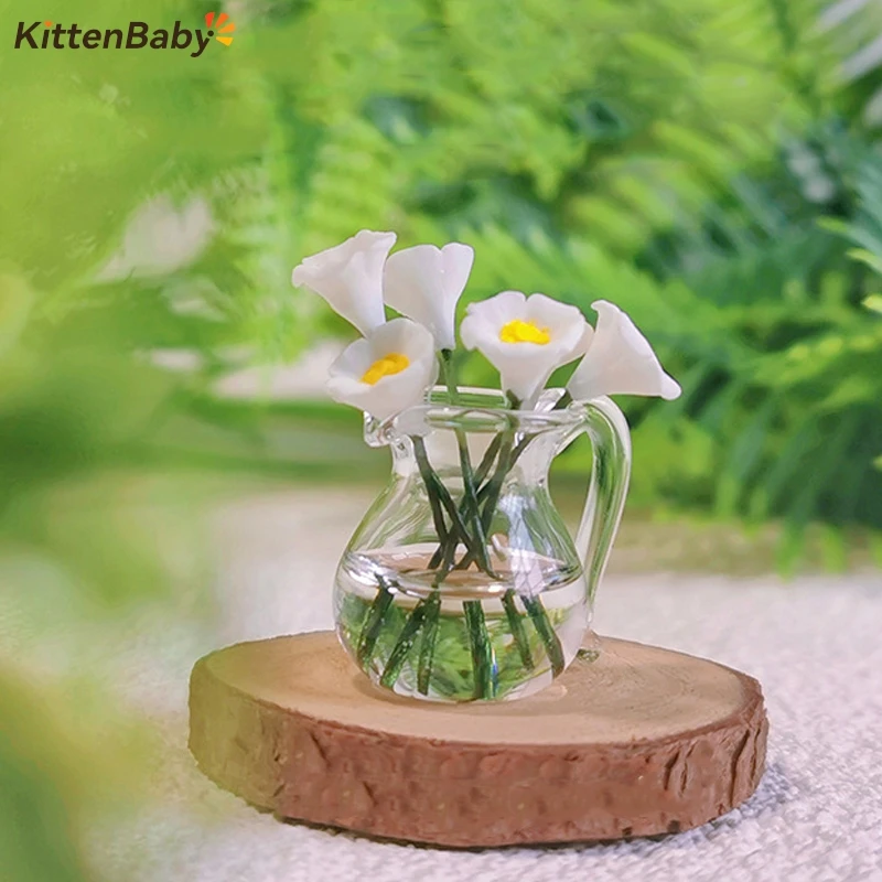 1:12 Dollhouse Miniature Mini Morning Glory Glass Jug Flower Arrangement Vehicle Mounted Ornaments Model Decor Toy Accessories