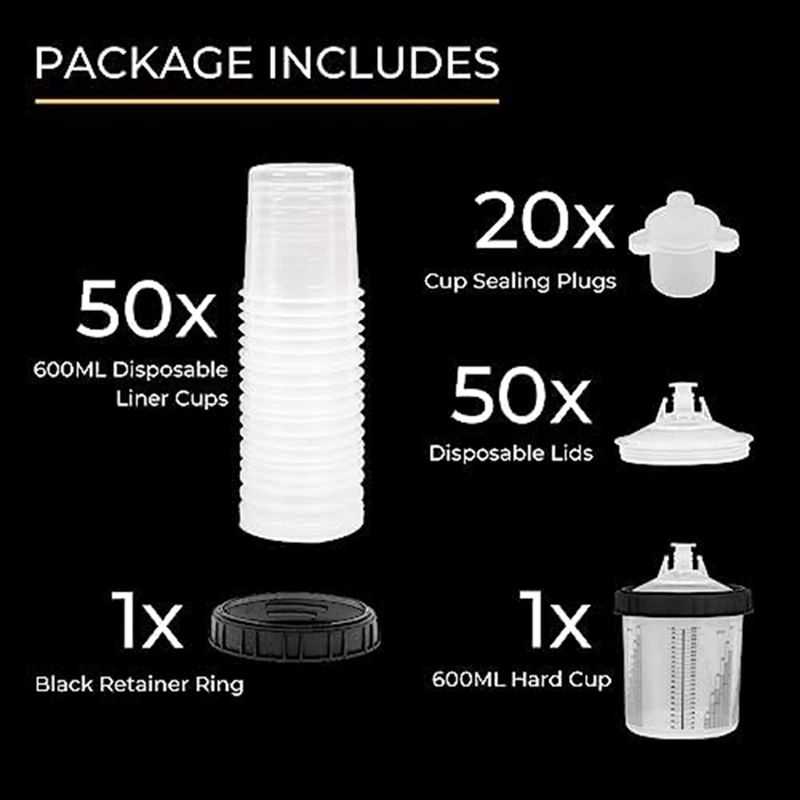 Paint Gun Cup Liner And Lid System As Shown 20Oz Kit 50 Lids 50 Liners 1 Hard Cup With Retaining Ring And 20 Cup Sealing Plugs