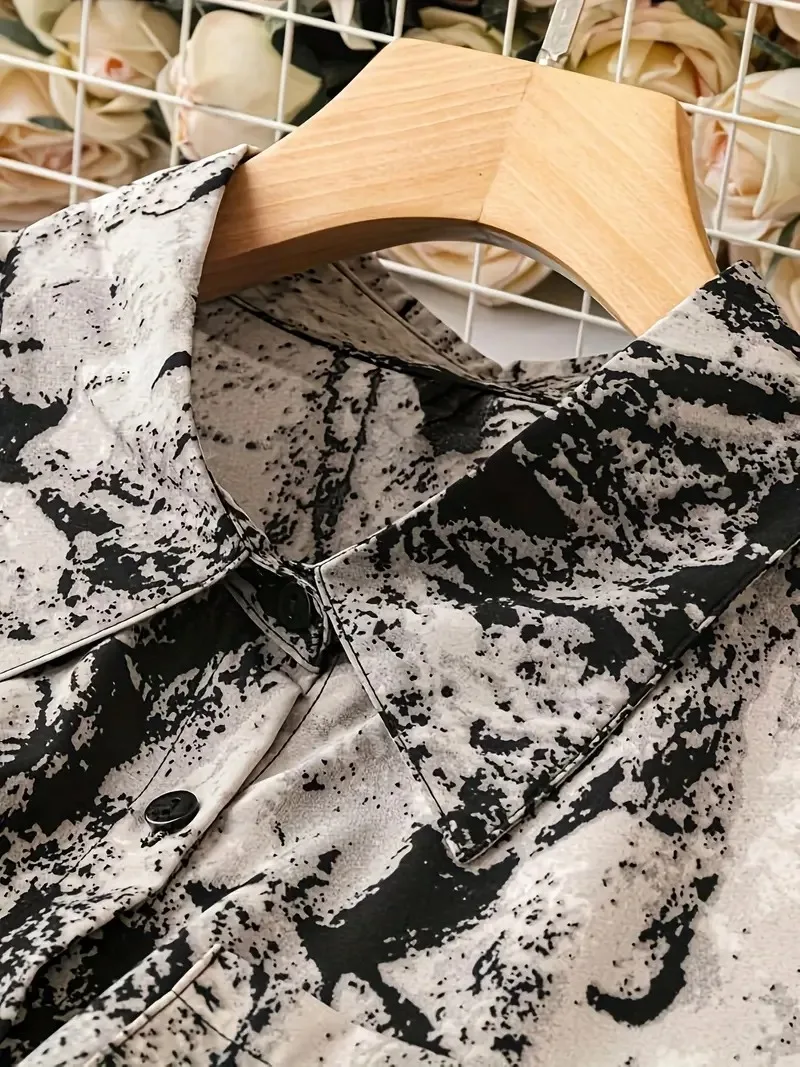 Women\'s Plus Size 1XL-5XL Marble Print Long Sleeve Button Up Lapel Collar Tunic Shirt Top Elegant and Flattering Fit