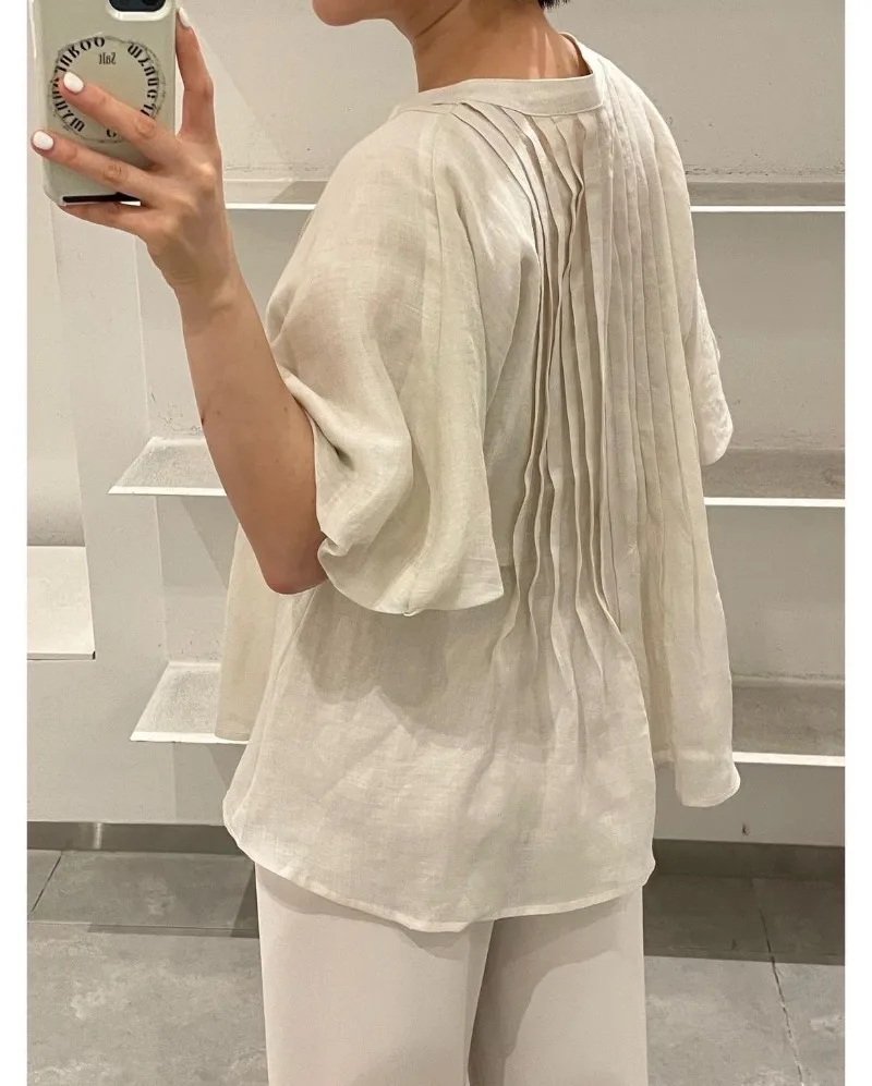 Pleated Shirts & Blouses Elegant 2024 Woman Blusas Single Breasted Ropa Mujer Roound Neck Camisas Summer Autumn New Roupas