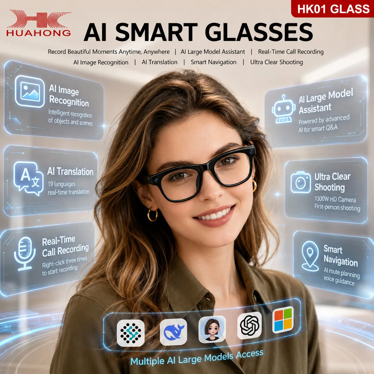Smart Glasses 1300W Ultra HD Camera AI Voice Assistant Bluetooth Voice Call Video Recording One-Click Translation Smart Glasses