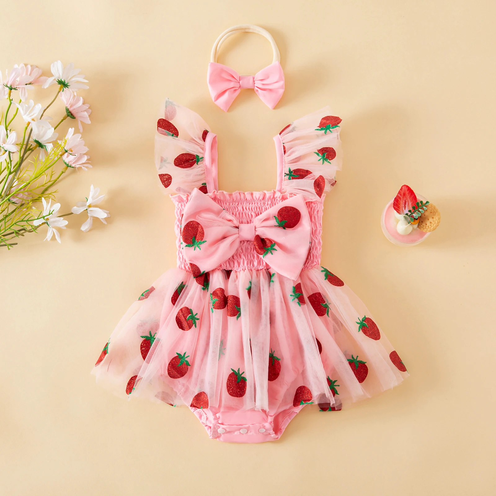Baby Girls Lace Bodysuits Sweet Sleeveless Square Neck Strawberry Print Romper Dress and Bow Headband Set 2 Piece