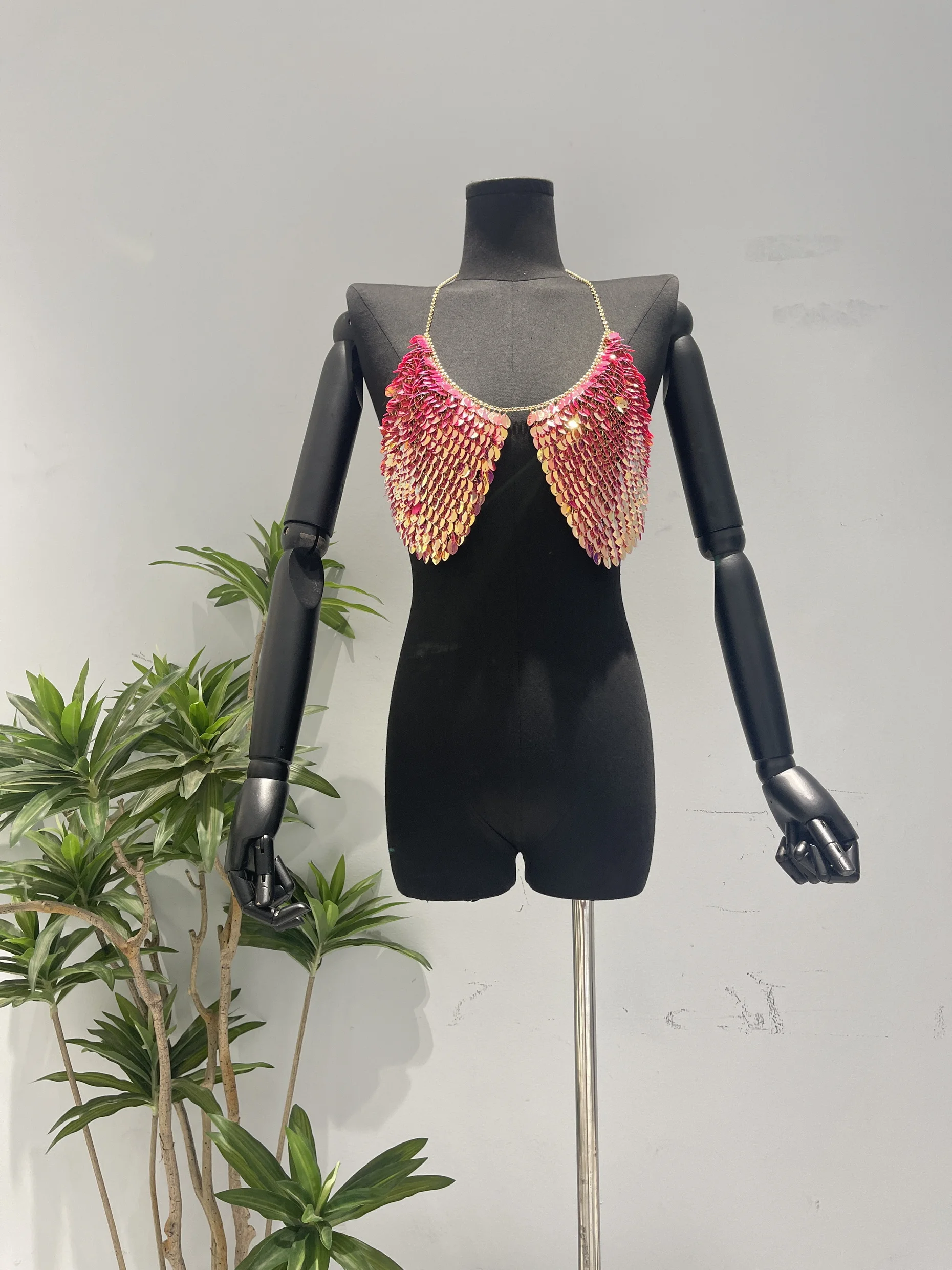 H80&S90 New Sequin Multi Leaves Crop Tank Top Women Sexy&Club Metal Slip Type V-Neck Splicing Glitter Vest Bra Ligerie Beachwear