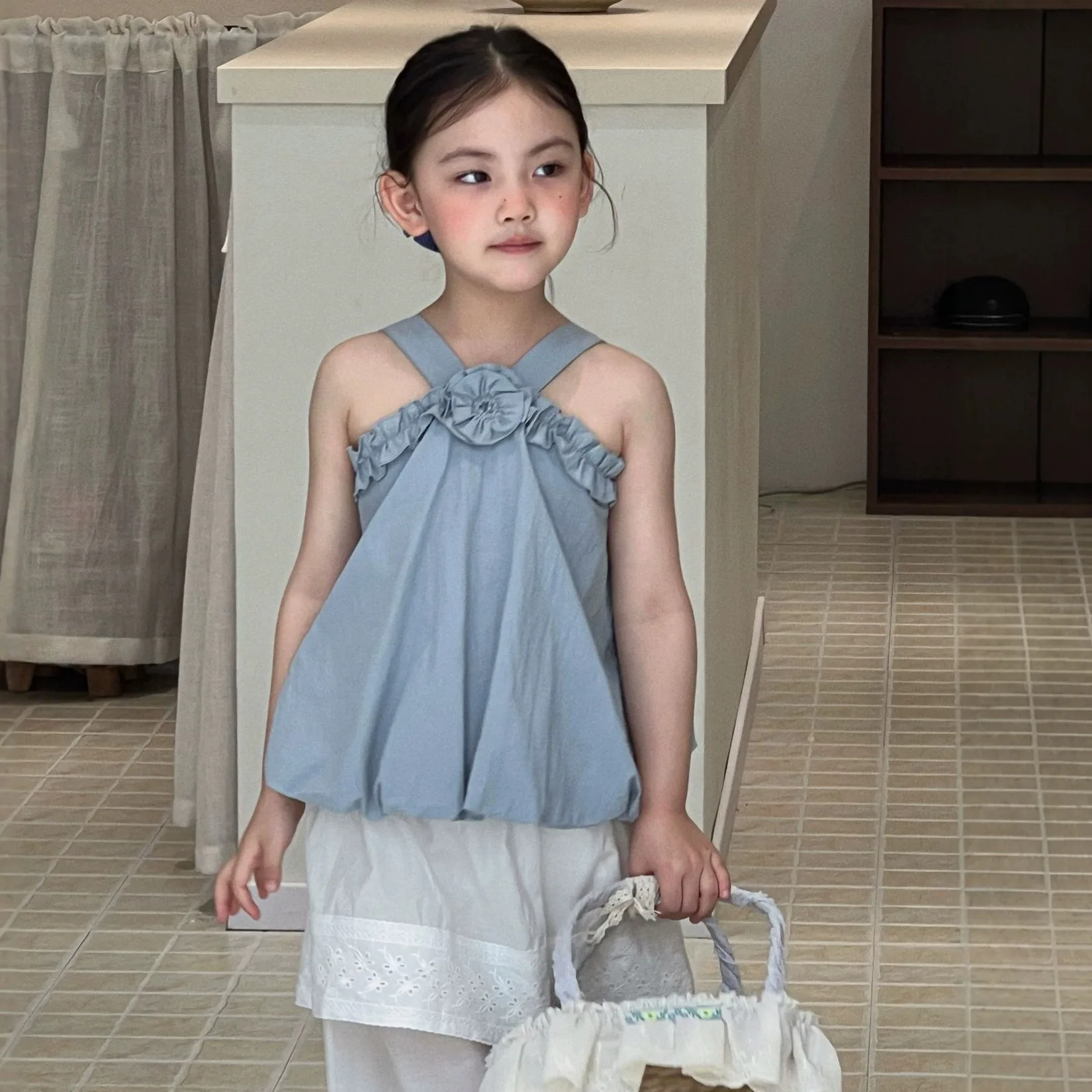 2026 Summer New Girls Three Dimensional Flower Bud Collar Sleeveless Vest Girls Top Fake Two Piece Pants