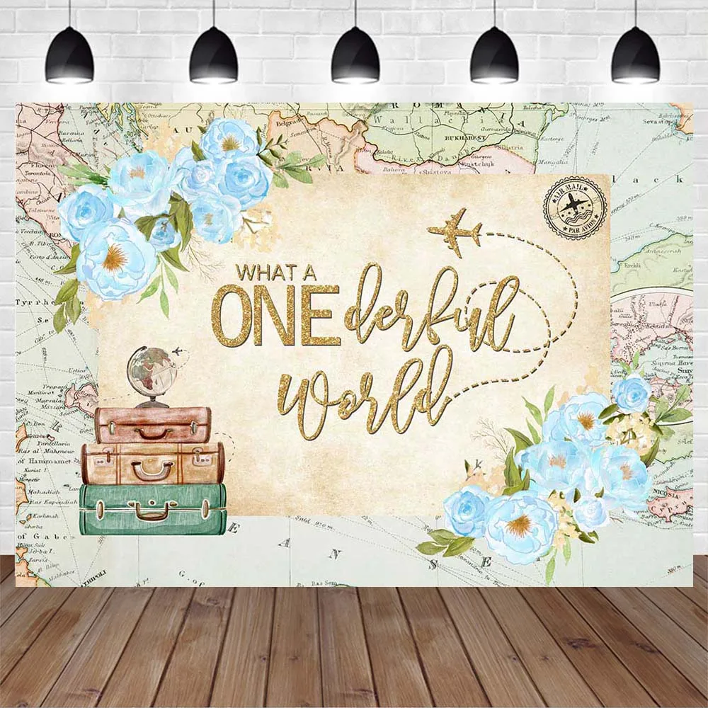 Mocsicka Baby 1st Birthday Party Backdrop Airplane Map What a Onederful World Photo Backgrounds Studio Newborn Photography Props