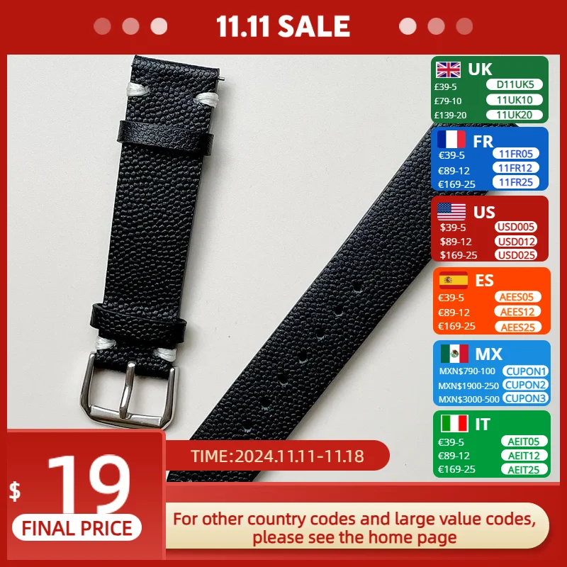 20mm Top Layer Cowhide Caviar Texture, Soft and Breathable, Comfortable to Wear , Men's Genuine Leather Watch Strap