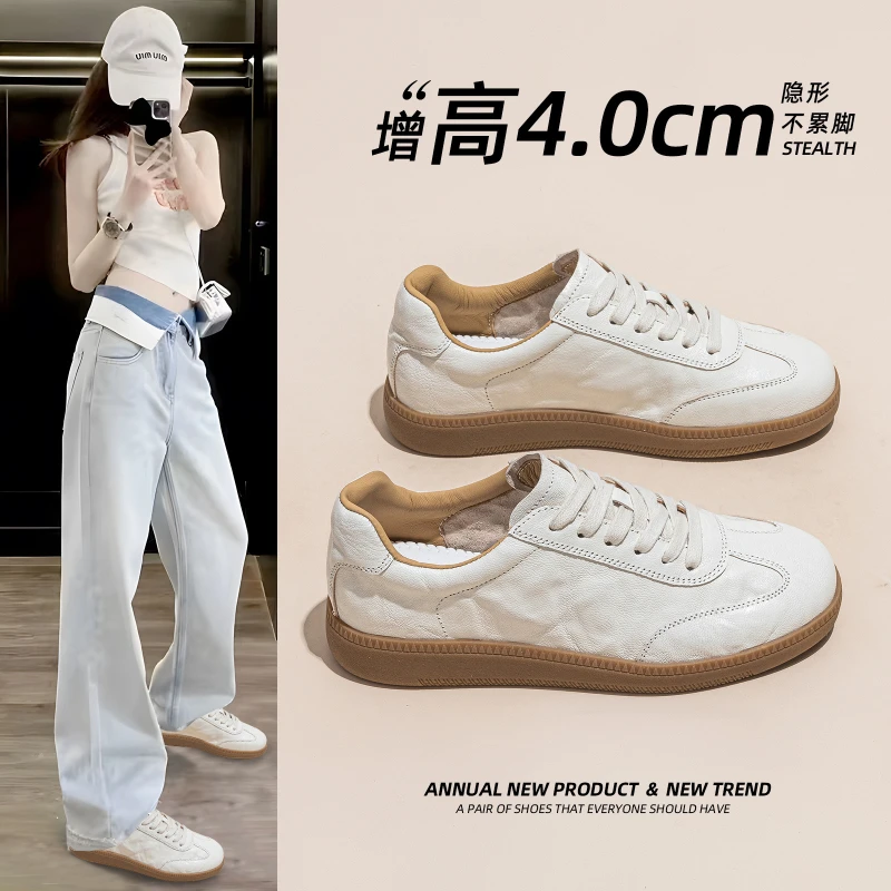 Damen High-Top Sneaker aus Echtleder in Weiß, Herbst/Winter 2026 Neuheit, Koreanischer Stil, Vielseitig, Fleece-Gefüttert, Dicke Plateausohle, Casual Sport-Sneaker
