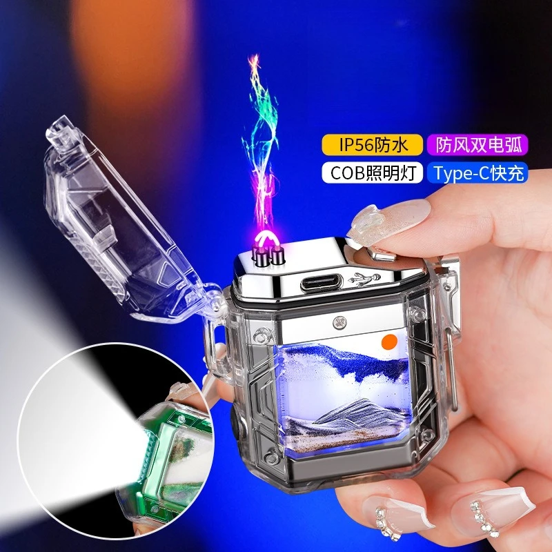 New Transparent Shell USB Arc Lighter with Gear Rotation Ignition and COB Lighting Dual Arc Charging Lighter Smoking Accessories