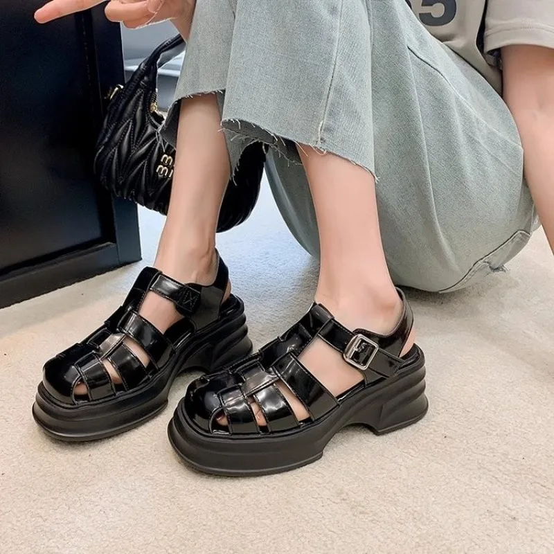 Low Heel Buckle Strap Sandals PU Casual Ladies Shoes 2024 High Quality Solid Shallow Square Heel Women\'s Sandals Sandálias