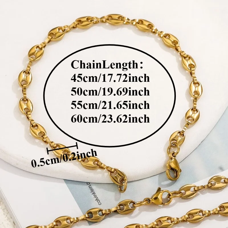 3pcs Coffee Bean Chain Necklace Stainless Steel 5mm Unisex Pig Nose Chain&Clavicle Choker Elegant Hollow Oval Chain 45/50/55/60c