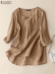 ZANZEA Vintage Autumn Embroidery Floral Blouse Women V Neck 3/4 Sleeve Elegant Work Shirt Casual Solid Tunic Tops Cotton Blusas