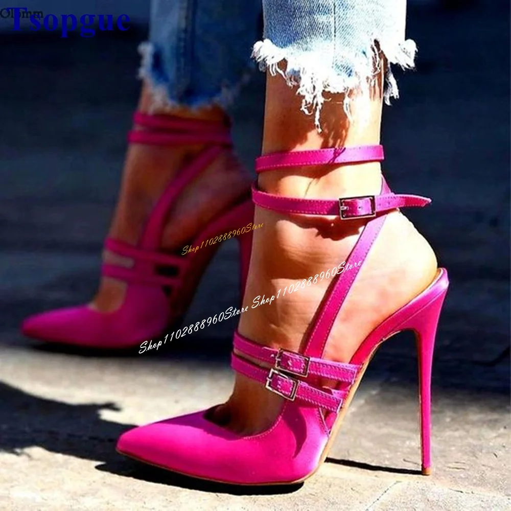 

Trendy Rose Red Satin Buckle Strap Sandals Thin High Heel Women Shoes Ankle Buckle Strap Pointed Toe 2024 Zapatos Para Mujere