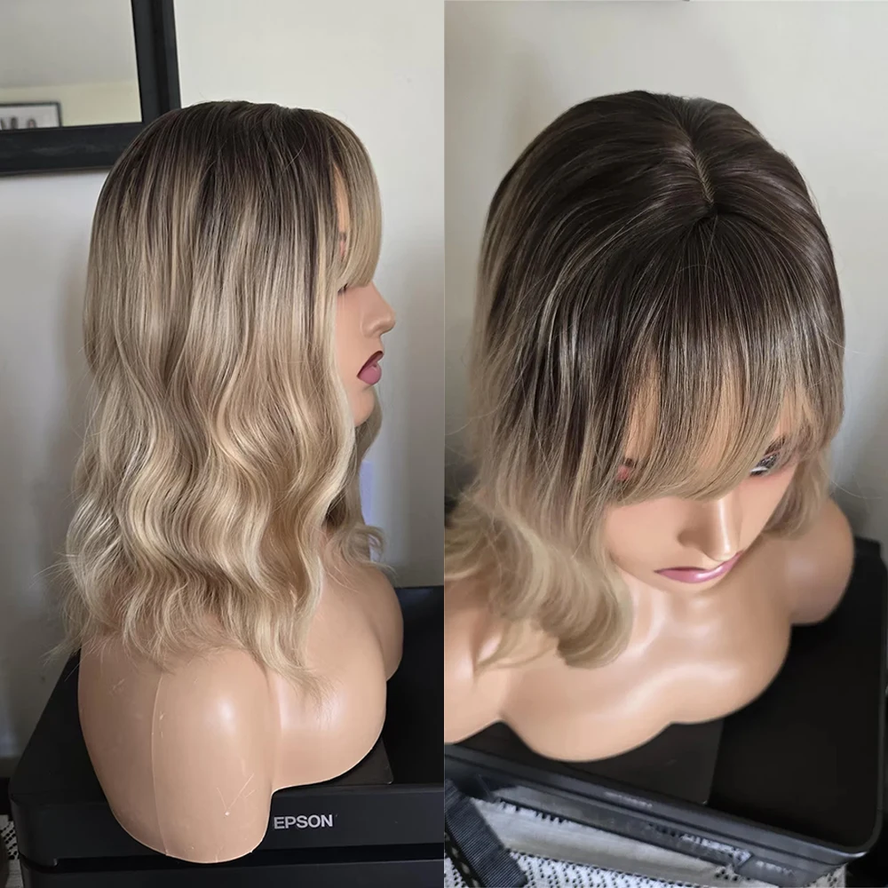 Ombre Blonde Bob Wig with Bangs Short Wavy Synthetic Hair Lace Part Wigs Natural Wave Glueless Wig Realistic Look Natural Roots