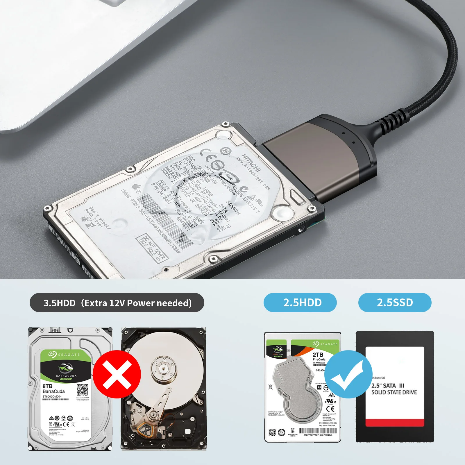 USB 3.0 to SATA III Hard Driver Adapter for 2.5 Inch HDD SSD, Aluminum Shell Nylon Type C to Sata Cable Data Transfer Converter