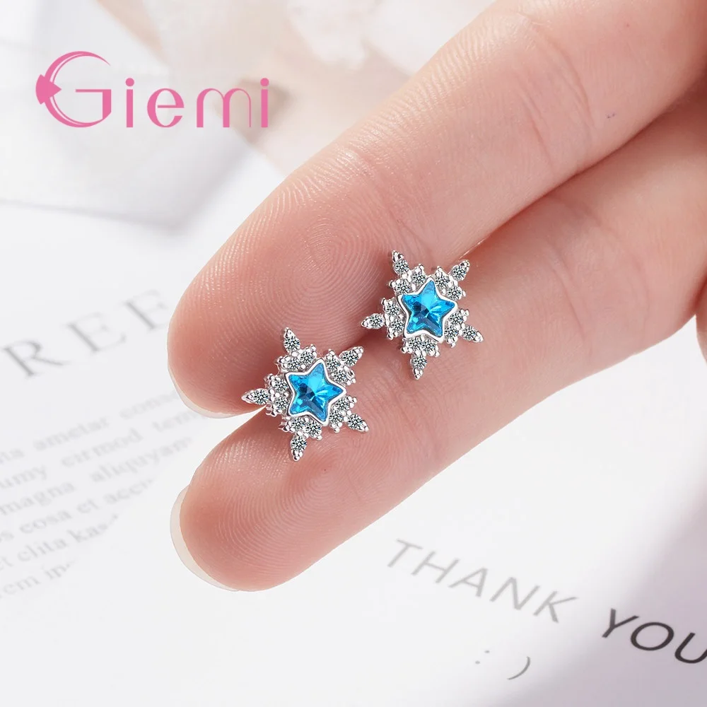 رائعة 925 فضة شكل نجمة الأزرق كريستال مكعب الزركون وأقراط للنساء حفل زفاف هدايا مجوهرات الأزياء