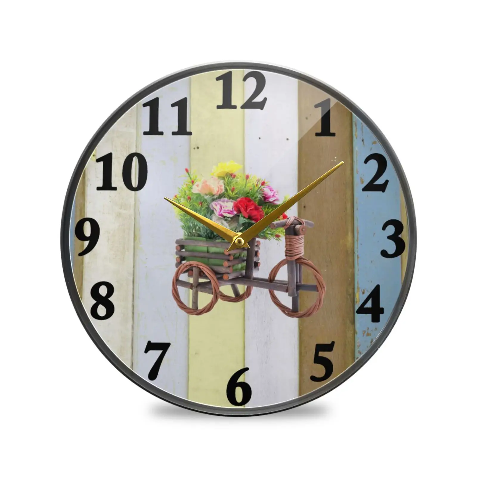 Vintage Wooden Flowers Print Acrylic Round Wall Clock Modern Home Decor Non Ticking Silent Hanging Wall Watch Quiet Desk Clock