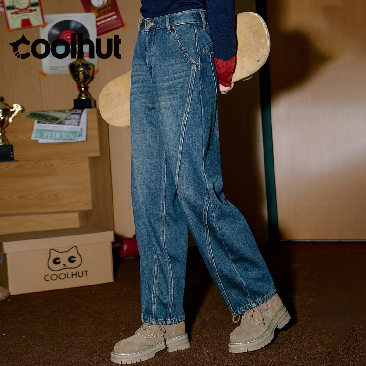 

COOLHUT 2025 Spring New American Style Wide Leg Curved Hem Jeans Women High Street Fleece Lined Split Design Denim Pants Fashion