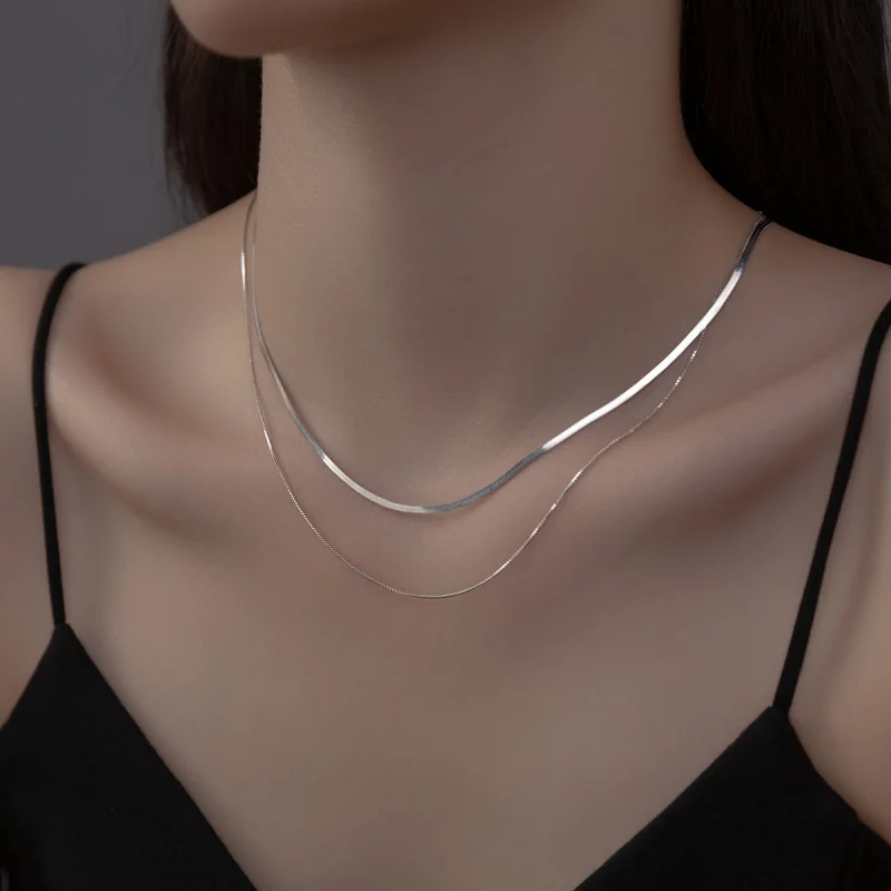 

astudio s925Silver Flat Snake Bone Double-Layer Necklace Short Clavicle ChainD8229