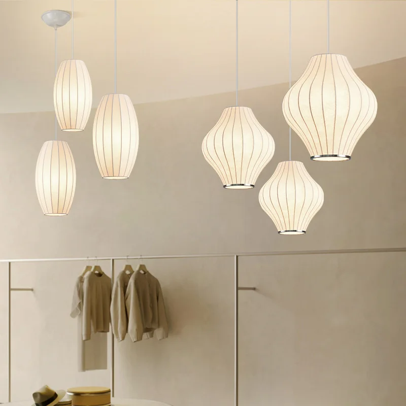 Japanese Wabi-sabi Silk LED Pendant Lamp 3 Color Change Chandelier Minimalist Hanging Light Dining Room Home Lighting