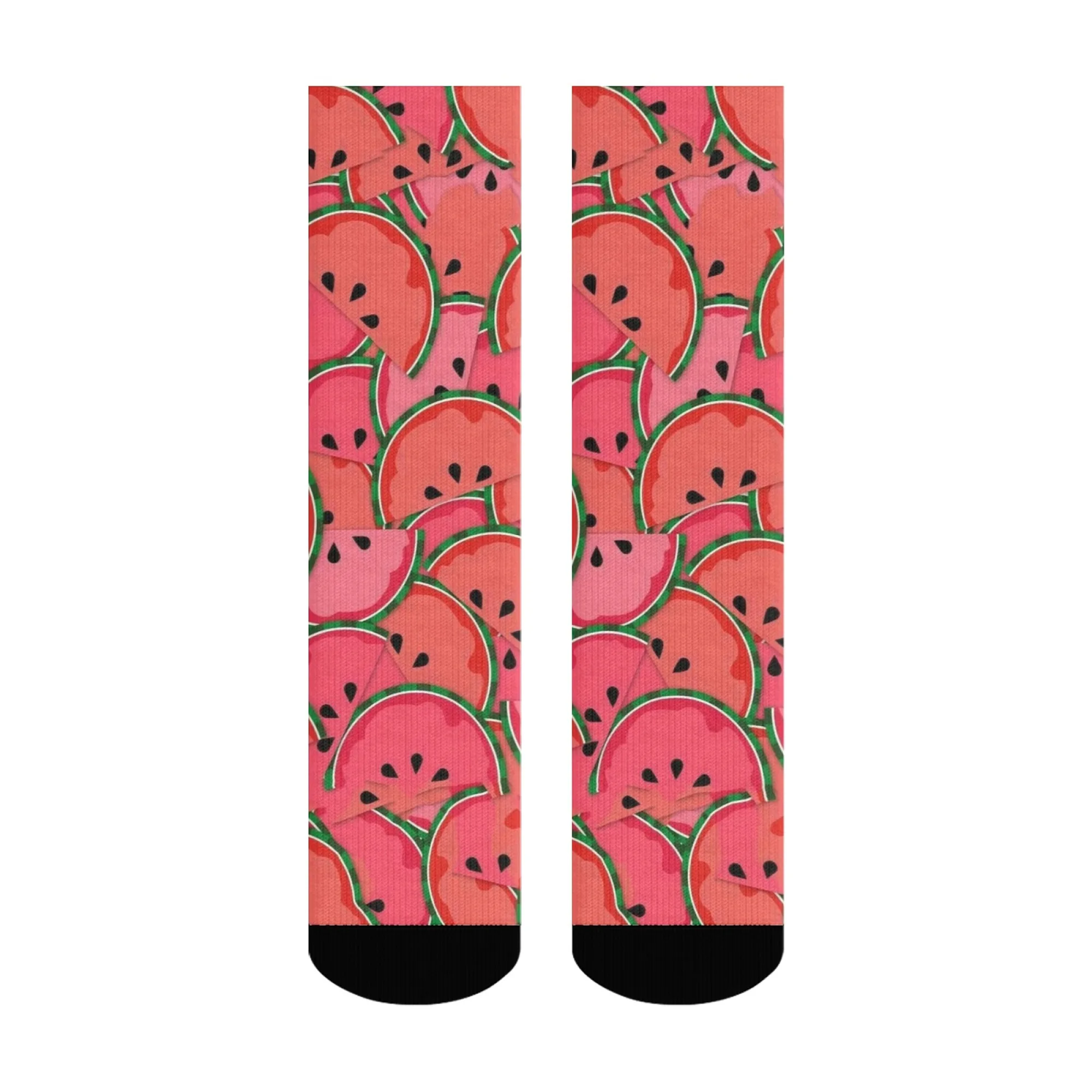 Unisex Summer Fresh Watermelon Full-Print Mid-Calf Socks Bright Watermelon Slice Print Pink-Green Refreshing Eye-Catching