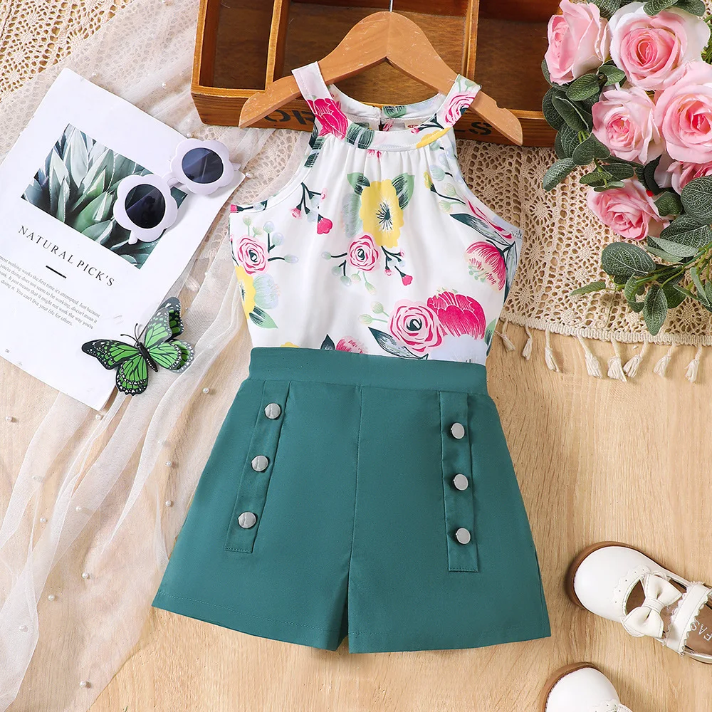 

2024 Summer Child Clothes Sets Sleeveless Print Floral Tops Green Shorts 2 Piece Sets Designer Girls Clothes Sets 18M-6T