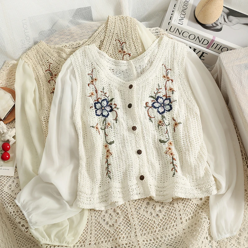 OUMEA Women Crochet Blouse Chiffon Sleeve Casual Crop Tops Floral Embroidery Knit Cotton Tops With Buttons Chic Beach Cover Up