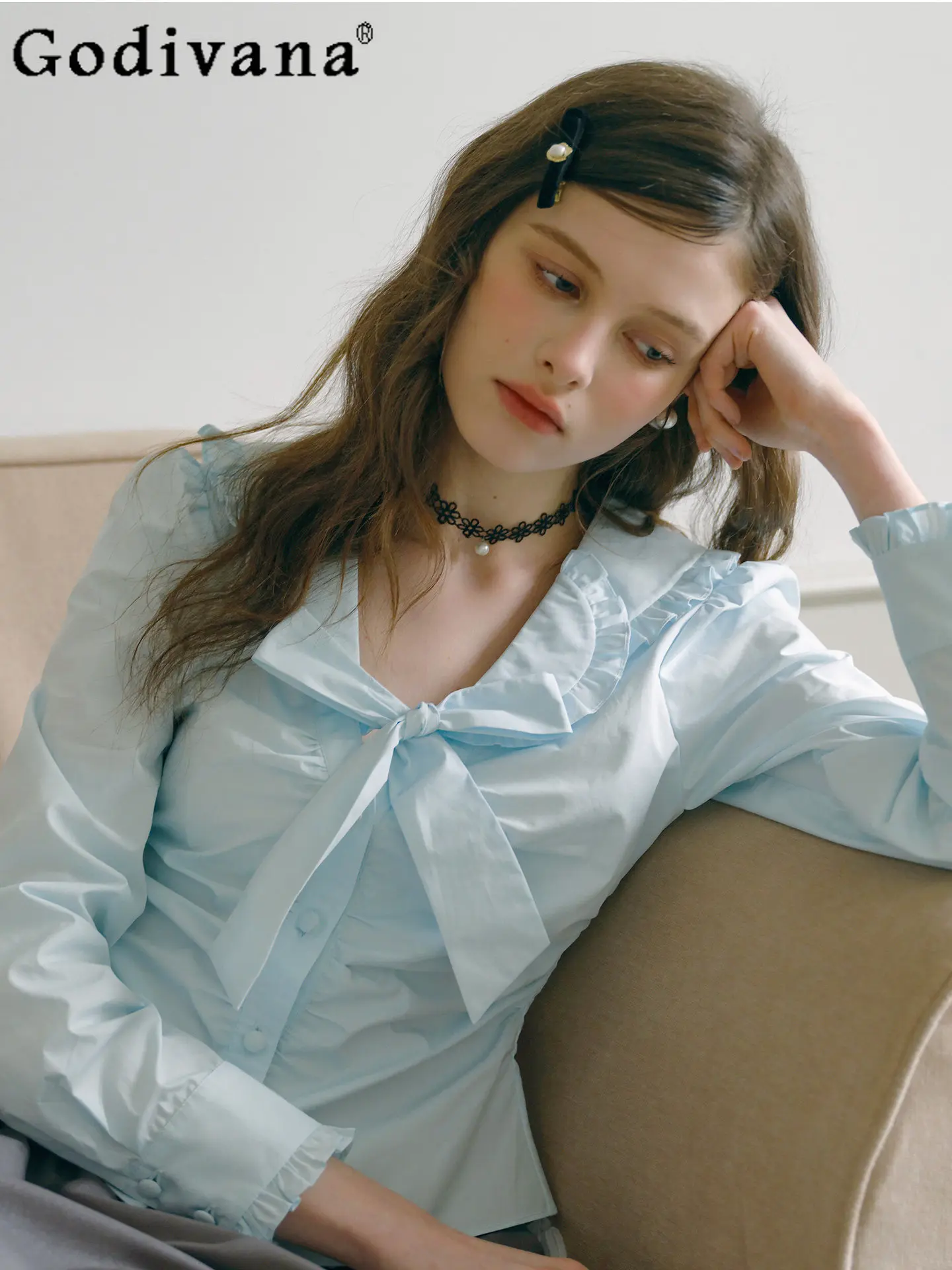 

2026 Spring New Arrival Preppy Bow-tie Blouse - Japanese Sweet Style Girly Cinched Waist V-neck Puff Sleeve Top