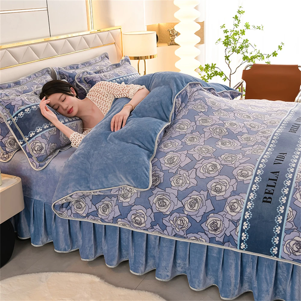 

Winter Warm Bedding Set Soft Thickened Milk Velvet Quilt Cover Pillowcase Bed Sheet Flower Pattern Bedroom Decor Duvet Cover Set