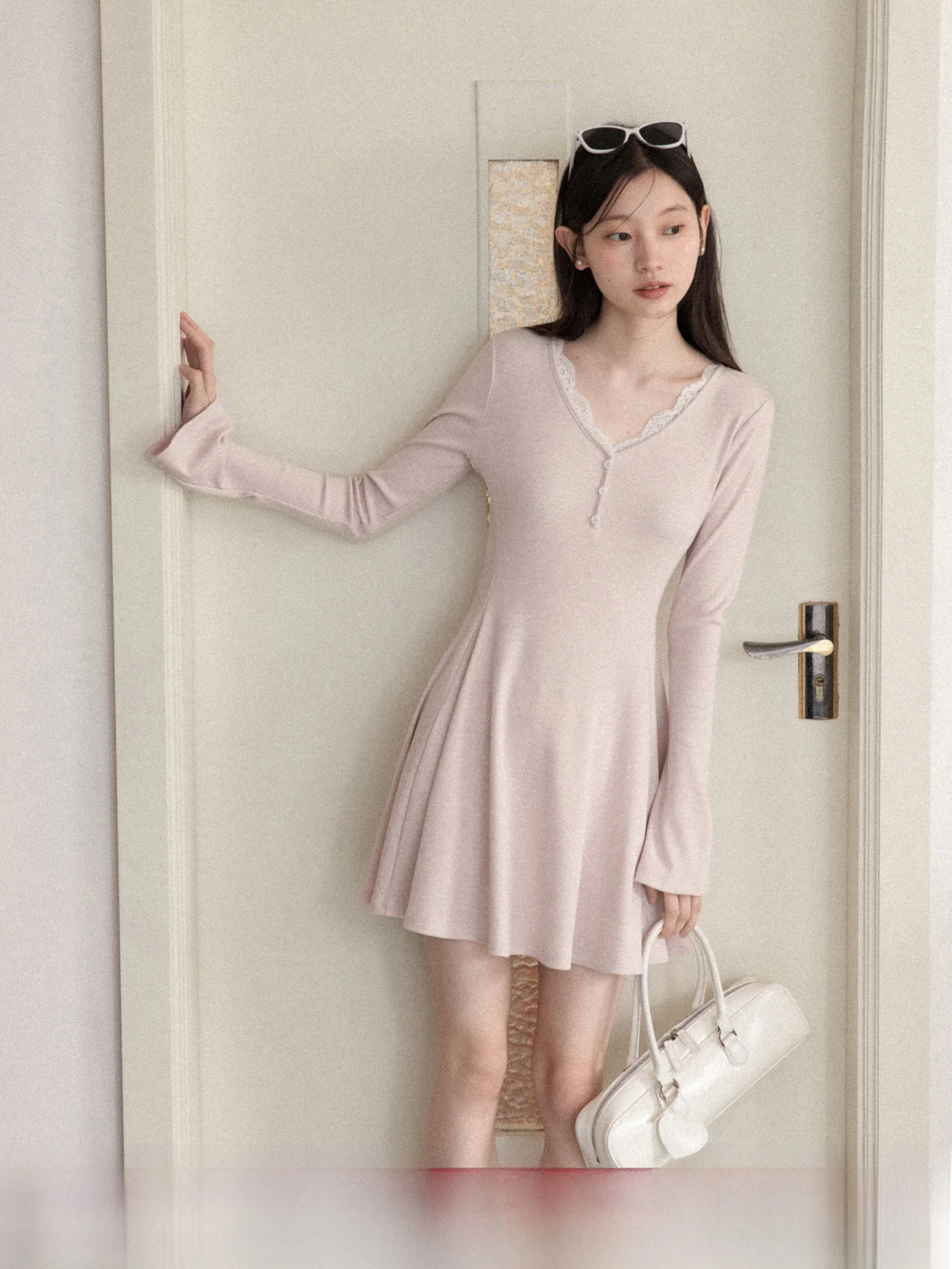 

Pink Lace V-Ne Slimming A-Line Dr Casual Sle Spring Collection Soft Comfortable Long Sve Women's Faion Dr