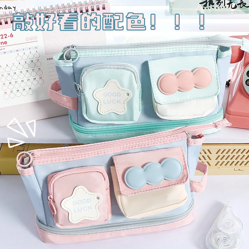 Macaron Color Pencil Case Multi‑Pocket Pencil Pouch Star Decor Hand Carry Stationery Organizer for Girls Teen School Supplies