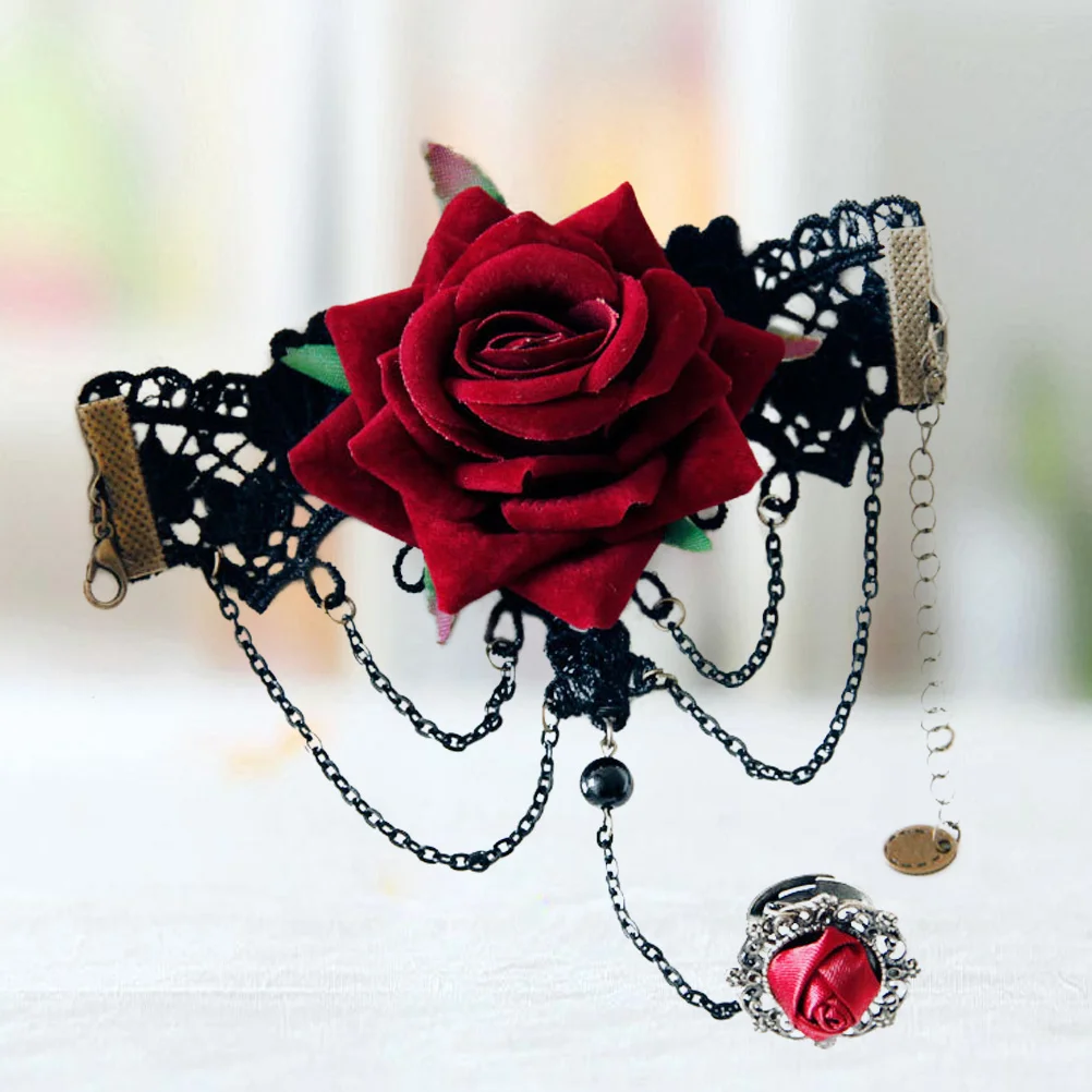 

Retro Red Rose Tassel Bracelet One Size Fit Most Elegant Charming Wristband for Wedding Birthday Dancing Party Rose