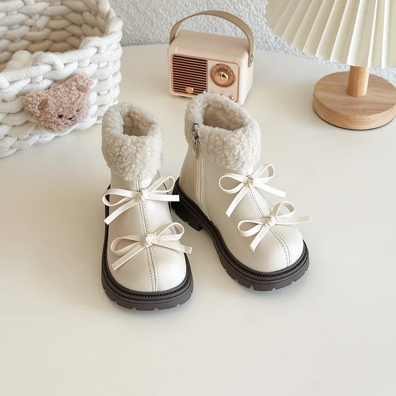 

Fashionable Round Toe Cute Bow Comfortable Zipper Short Boots Kids Casual Plus Velvet Warm Snow Boots Baby Girls Winter