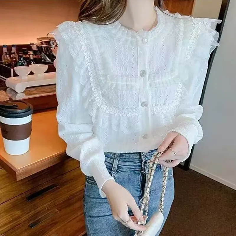 

Spring Autumn Women Longsleeve Dress Shirt Office Lady Elegant White Lace Crochet Shirt Blouse New 2025 Korean Style Lace Shirt