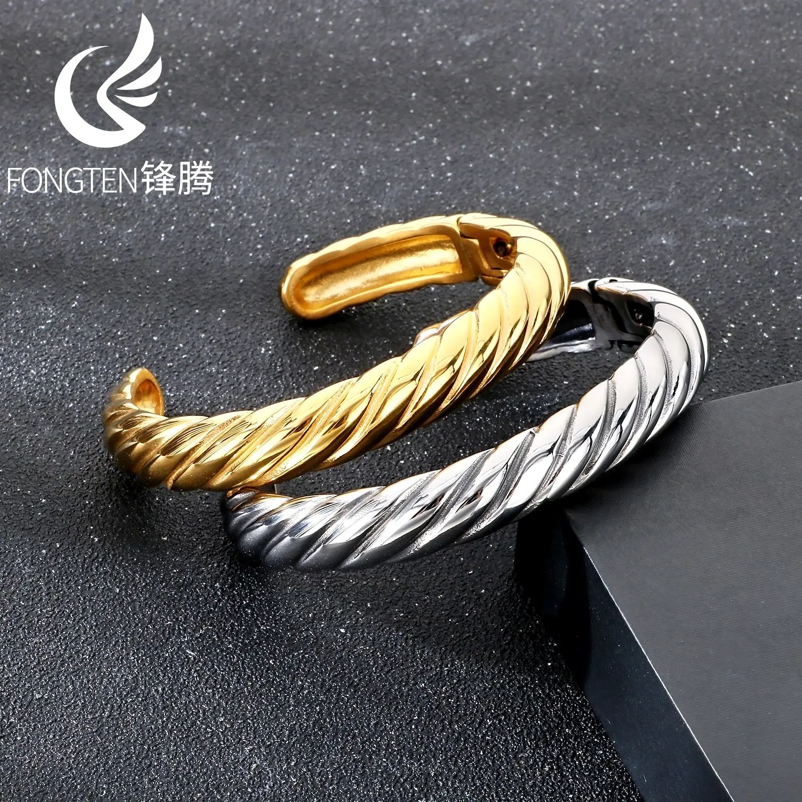 Fongten Seaside Threaded Stainless Steel C Shaped Cuff Bangle For Men Simulation Texture Advanced Generous Gifts Fashion Jewelry