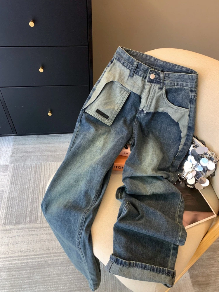 

Popular American style design patchwork wide leg jeans women's washable high waisted rolled edge fashion versatile pants