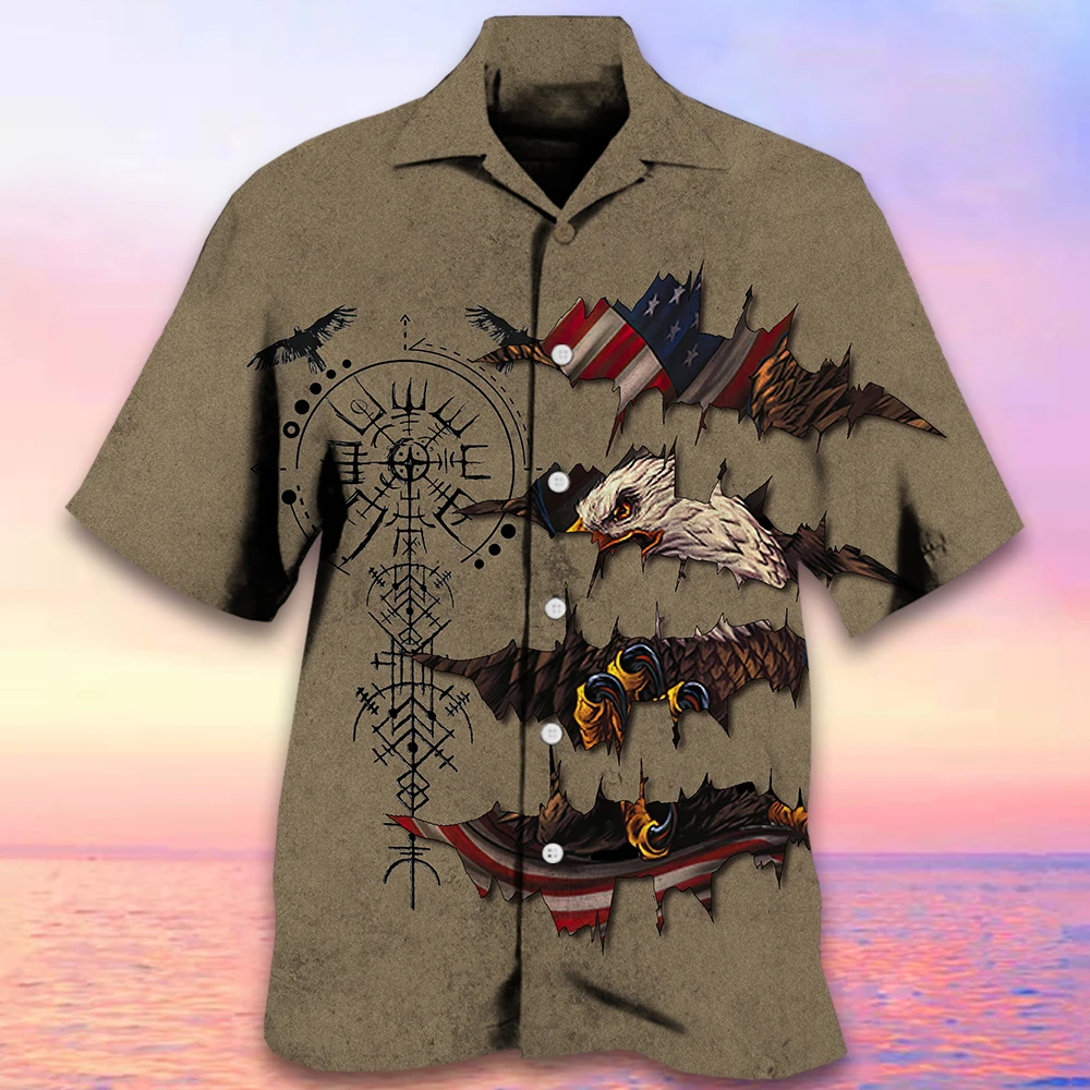 

Retro Men's Shirt American Eagle Print Hawaiian Shirts For Men Short Sleeve Fashion Man Clothing Oversized Cuban Collar Shirts