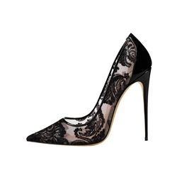 Spring and summer new pointed shallow lace mesh breathable red sole shoes thin high-heeled banquet dress large size women's shoe
