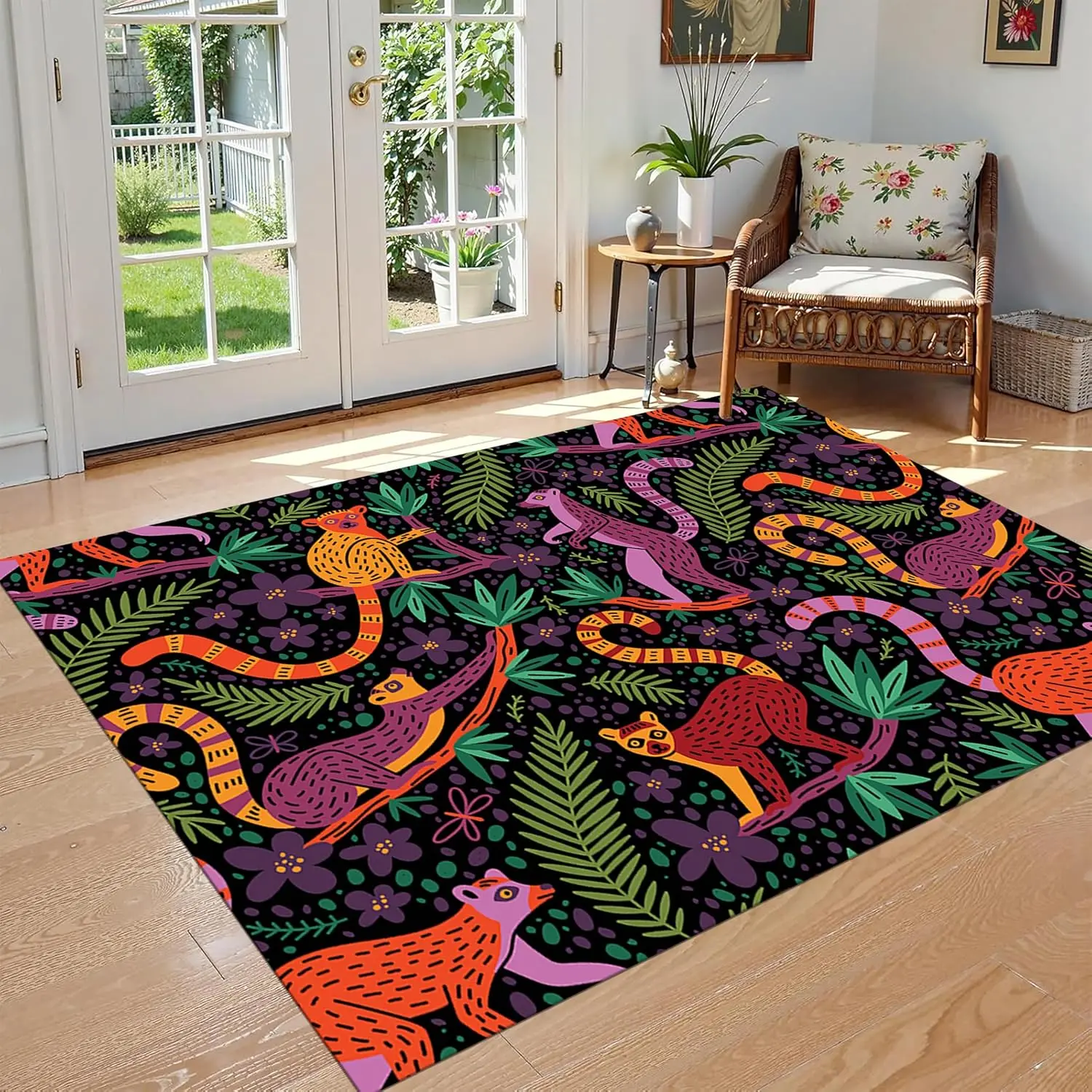 Jungle Animal Print Area Rug for Living Room,Machine Washable Boho Rhesus Monkey Rugs,Vintage Floral Animal Non Slip Kitchen Mat