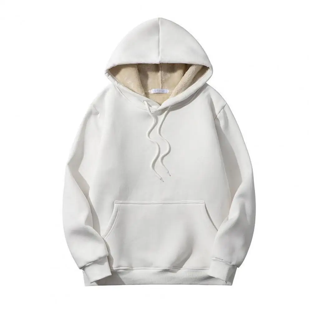 Men Winter Hoodie Loose Hooded Long Sleeves Soft Solid Color Drawstring Warm Plush Wear-resistant Men Hoodie for Daily Wear