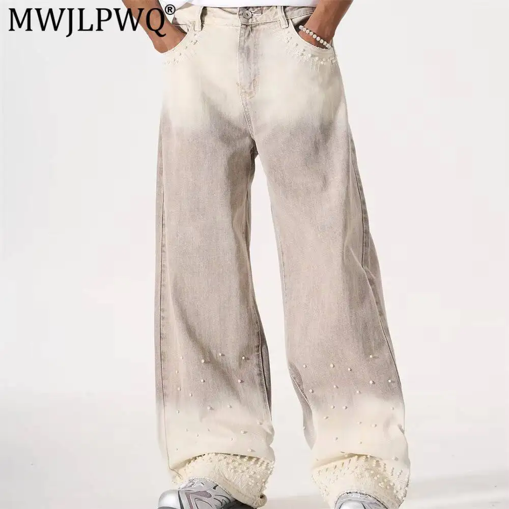 MWJLPWQ Gradient Tie-Dye Denim Trousers For Men Trendy Stylish Design Beaded Embroidery Distressed Frayed Wide-Leg Jeans 17299