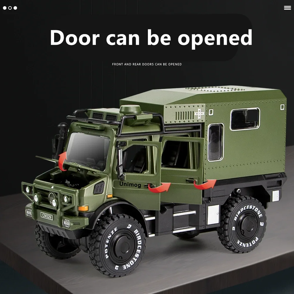 1:28 Benzs UNIMOG U4000 Motorhome Alloy Cross-country Touring Car Model Diecast Toy Off-road Vehicles Model Sound Light Kid Gift