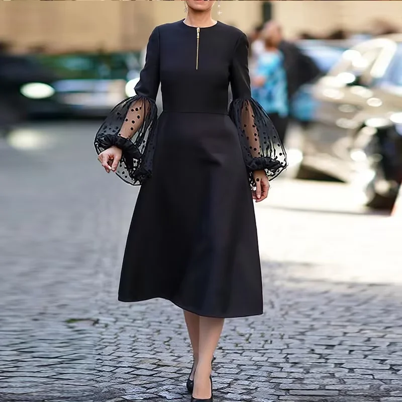 

Autumn Women Black Formal Long Dresses Lace Puff Sleeves Splicing Elegant Midi Dress Evening Party Dress 2025 Woman's Clothing