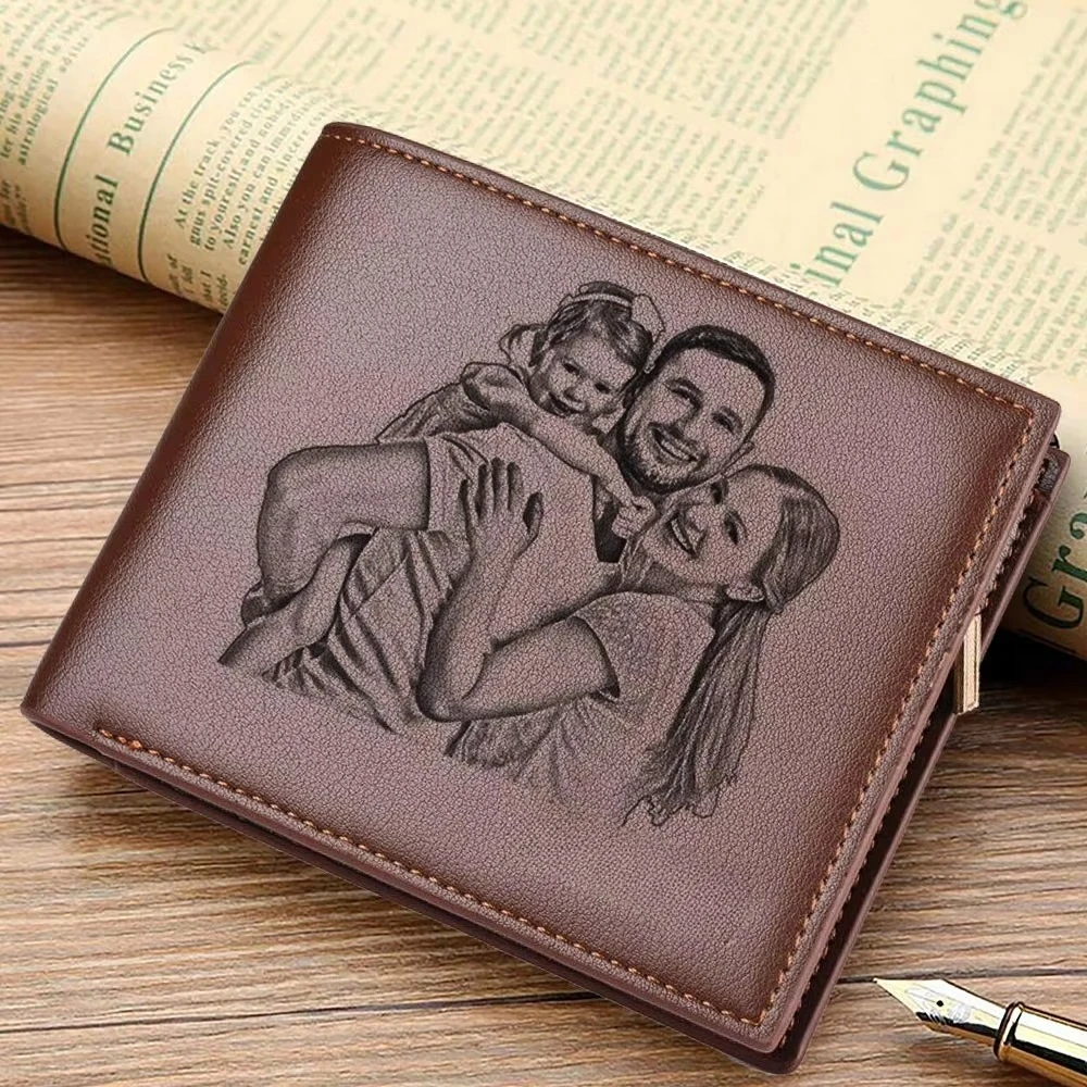 Custom Photo Personalized Gift for Father's Day Men Wallet with Zipper Interior Coin Pocket Picture Wallets for Him Card Holder