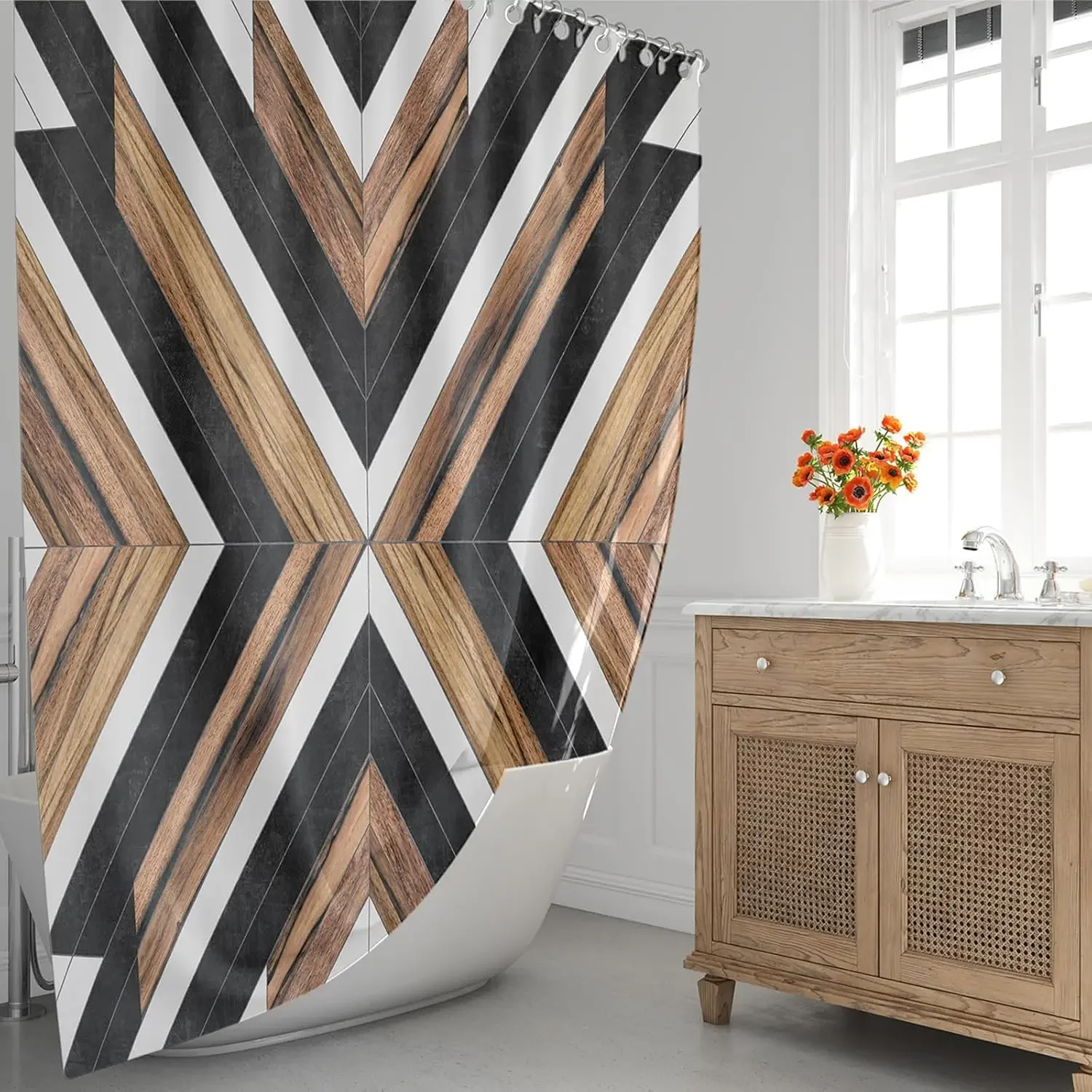 Bohemian Aboriginal Bath Decorative Shower Curtain Modern Neutral Tribal Wood Textured Bathroom Decorative Shower Curtain