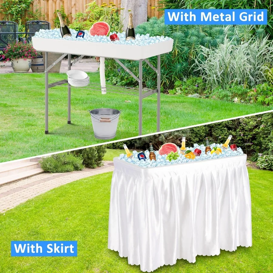 طاولة تبريد الثلج المحمولة 4 أقدام في الهواء الطلق مع تصميم استنزاف وقابل للطي تنورة مطابقة قابلة للإزالة للتخييم في الهواء الطلق والشواء