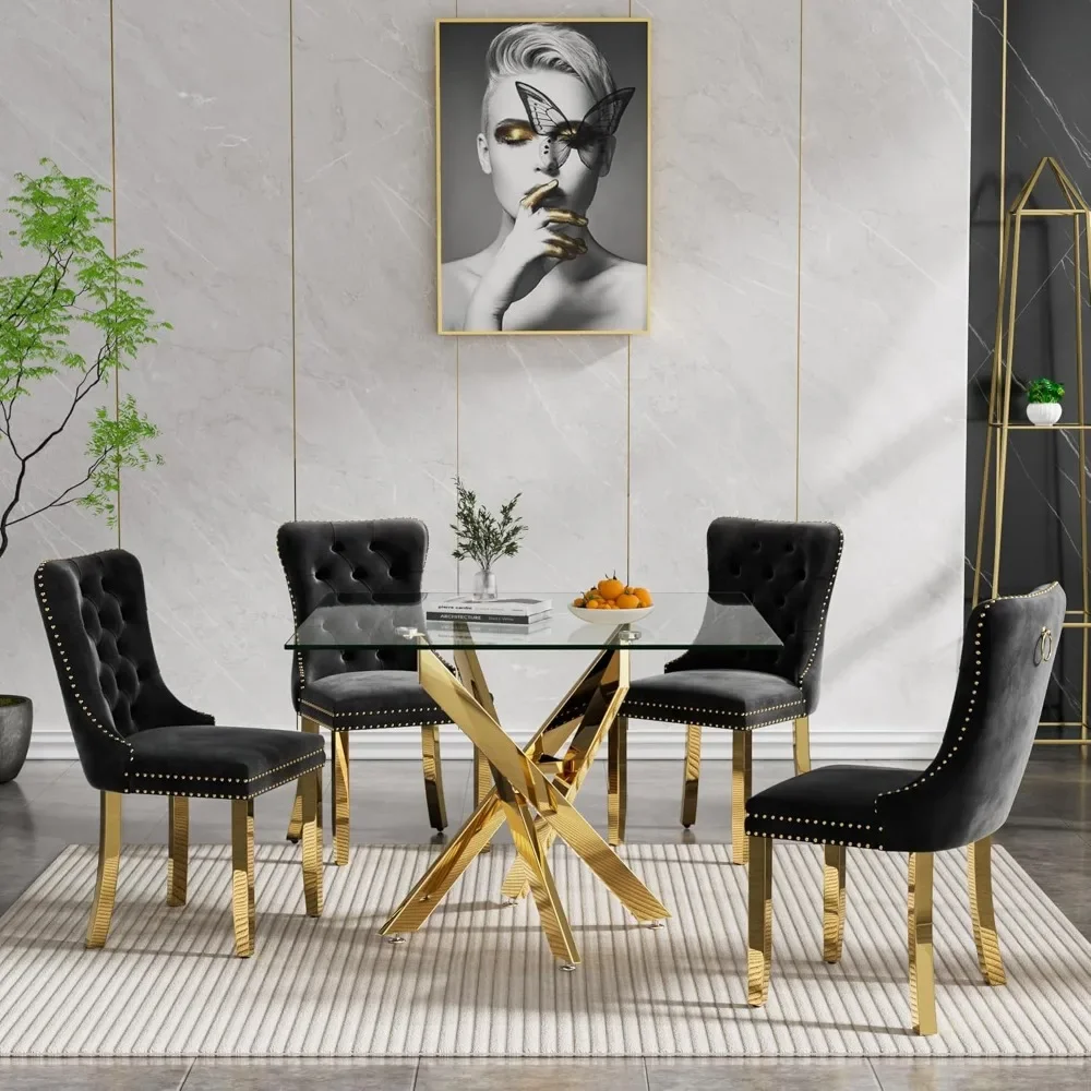 

Square Glass Dining Table Set for 4,Tempered Glass Table Top with Luxury Cross Metal Legs,Small Square Glass Kitchen Room Table