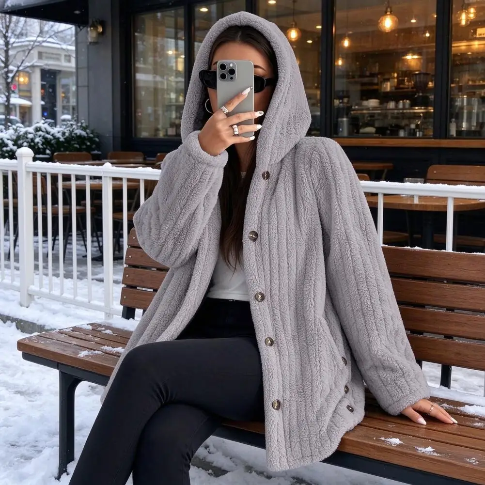 Women's Winter Korean Long style Female Warm Loose Plush Hooded Thick Coat Jacket Button Hooded Loose Coat Winter Outerwear