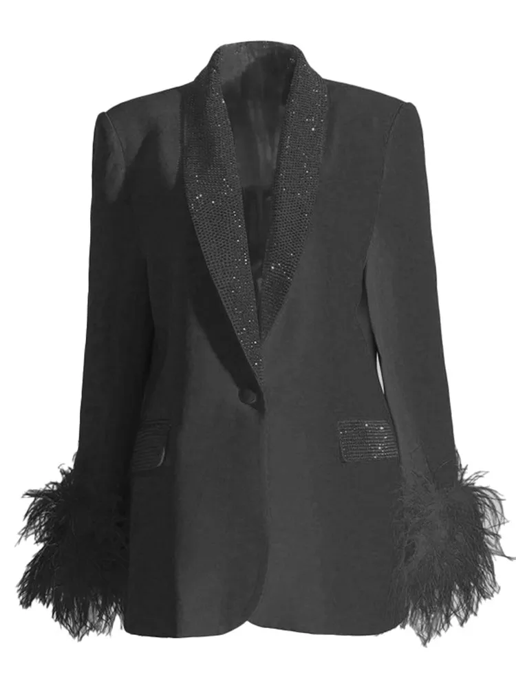 VGH Spliced Detachable Feathers Designed Blazer For Women Shawl Collar Long Sleeve Patchwork Diamonds Casual Blazer Female New