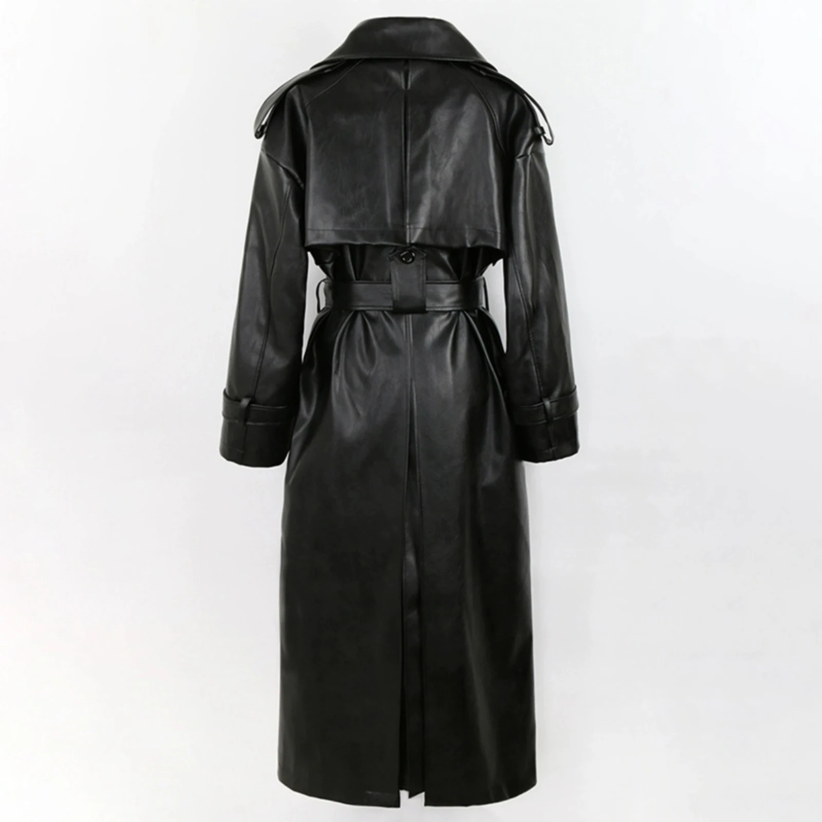 Oversize Black Women PU Leather Trench Coat Autumn Winter Lapel Collar Double Breasted Artificial Leather Long Overcoat