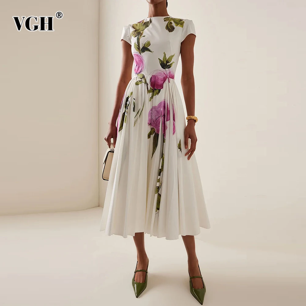 

VGH Slimming Floral Printing Chic Dresses For Women Round Neck Short Sleeve High Waist Folds Hem Elegant Spring Dress Female New